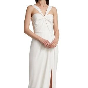 ML MONIQUE LHUILLIER pleated draped crepe halter white midi dress